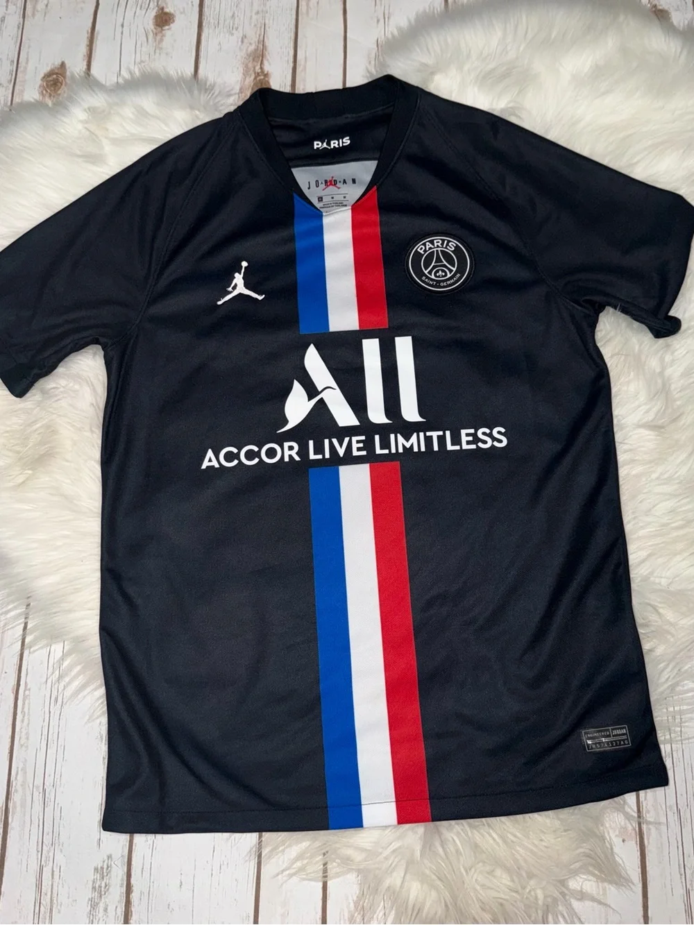 Jordan Black PSG Jersey with Blue-White-Red Stripe